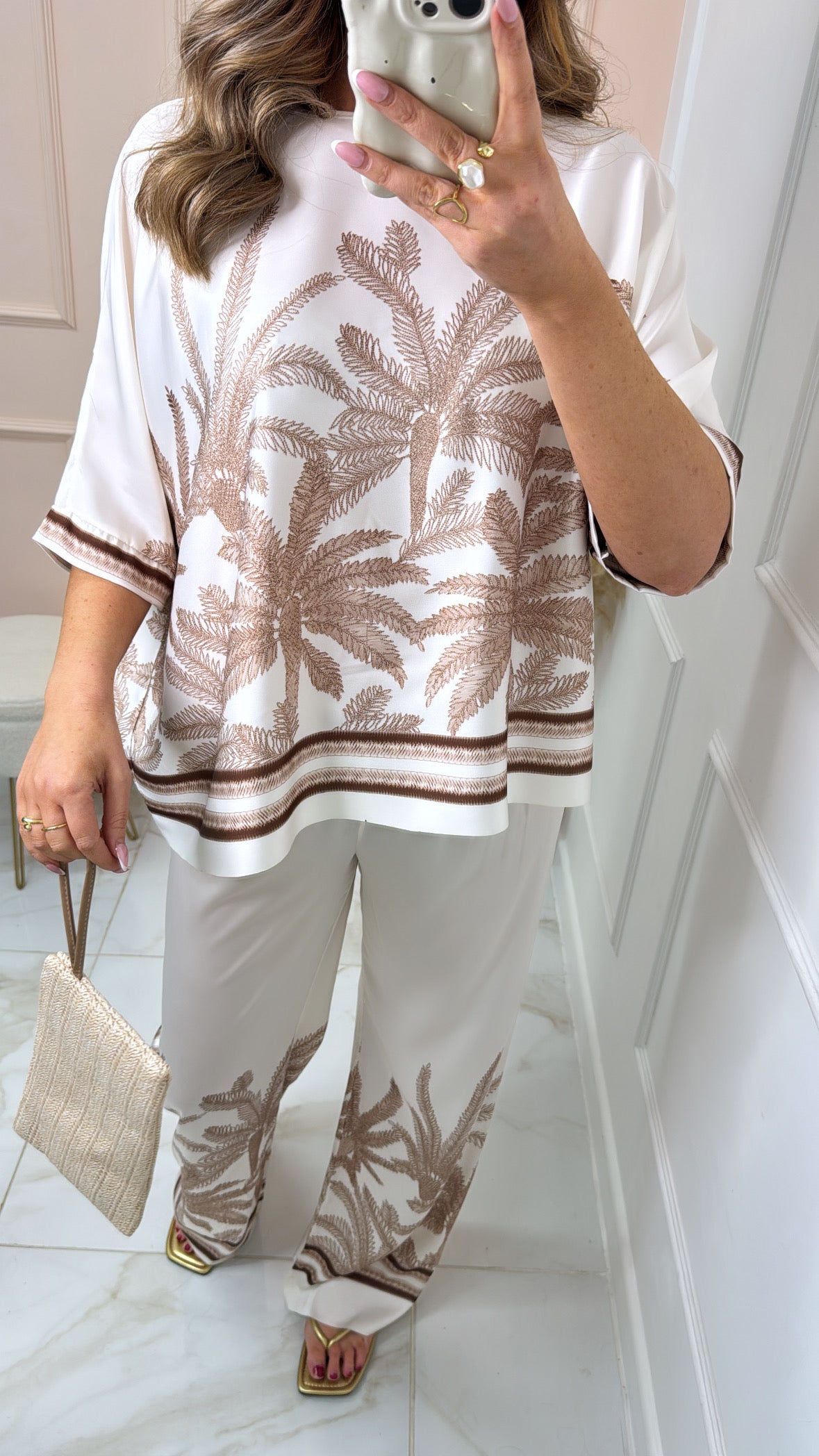 MILLIE beige palm print silky trouser set