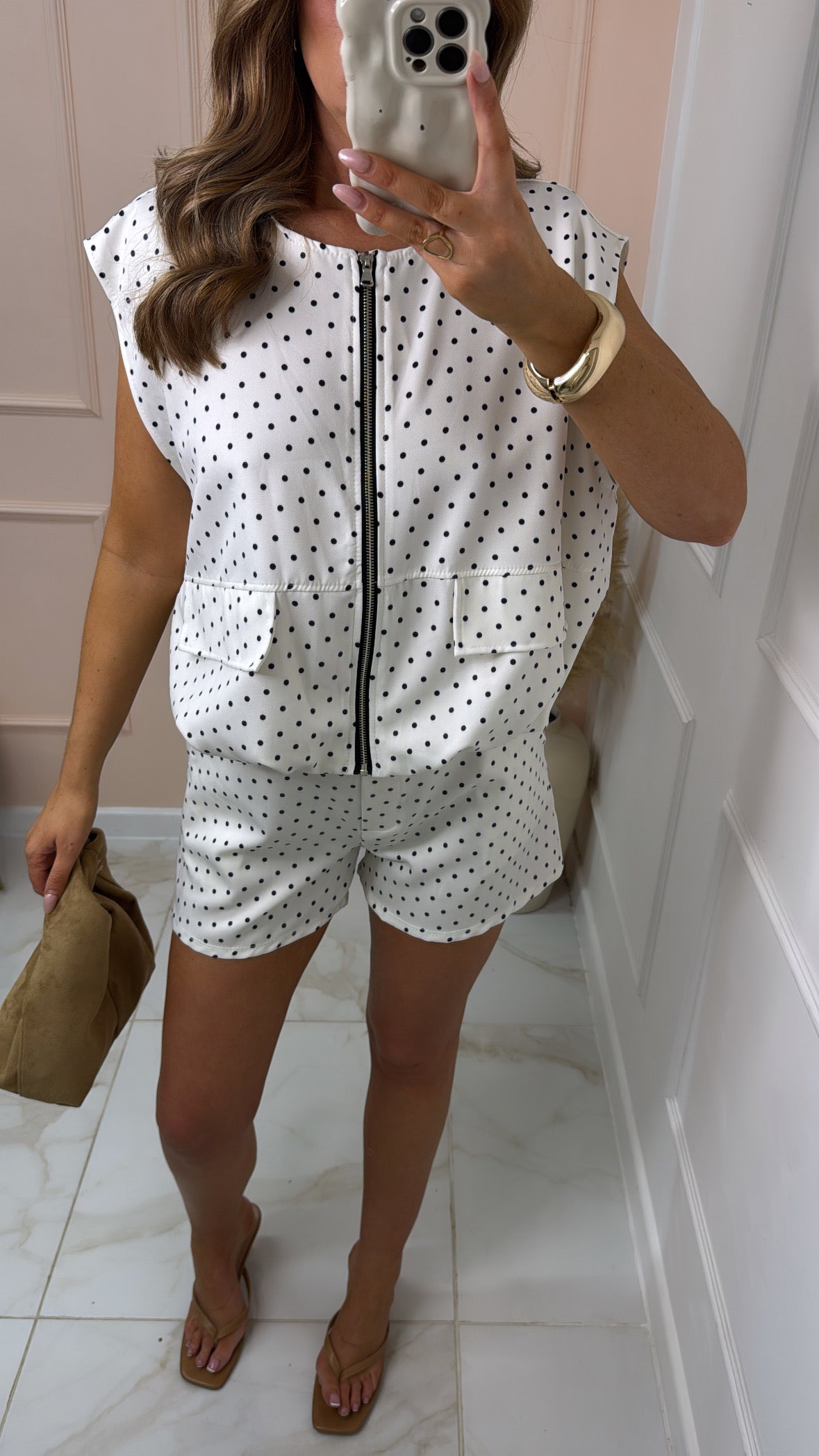 BEKI white polka dot zip short set