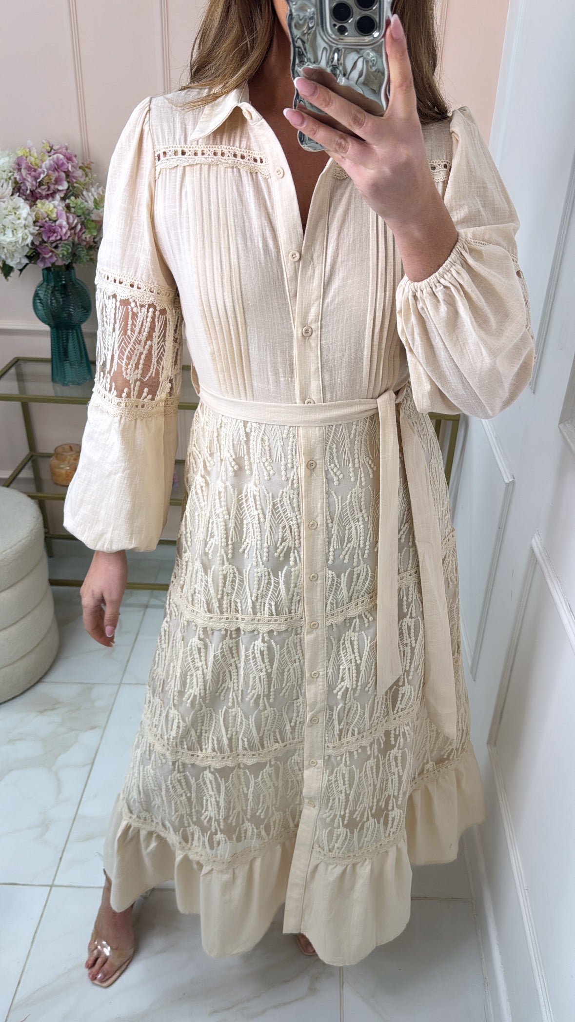 ANYA beige tiered belted maxi dress
