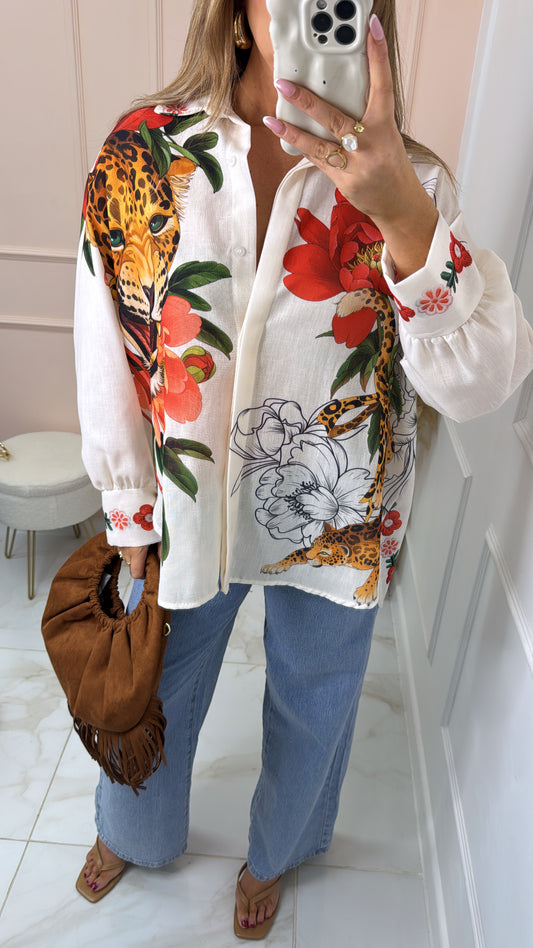 PHOEBE white floral tiger print shirt