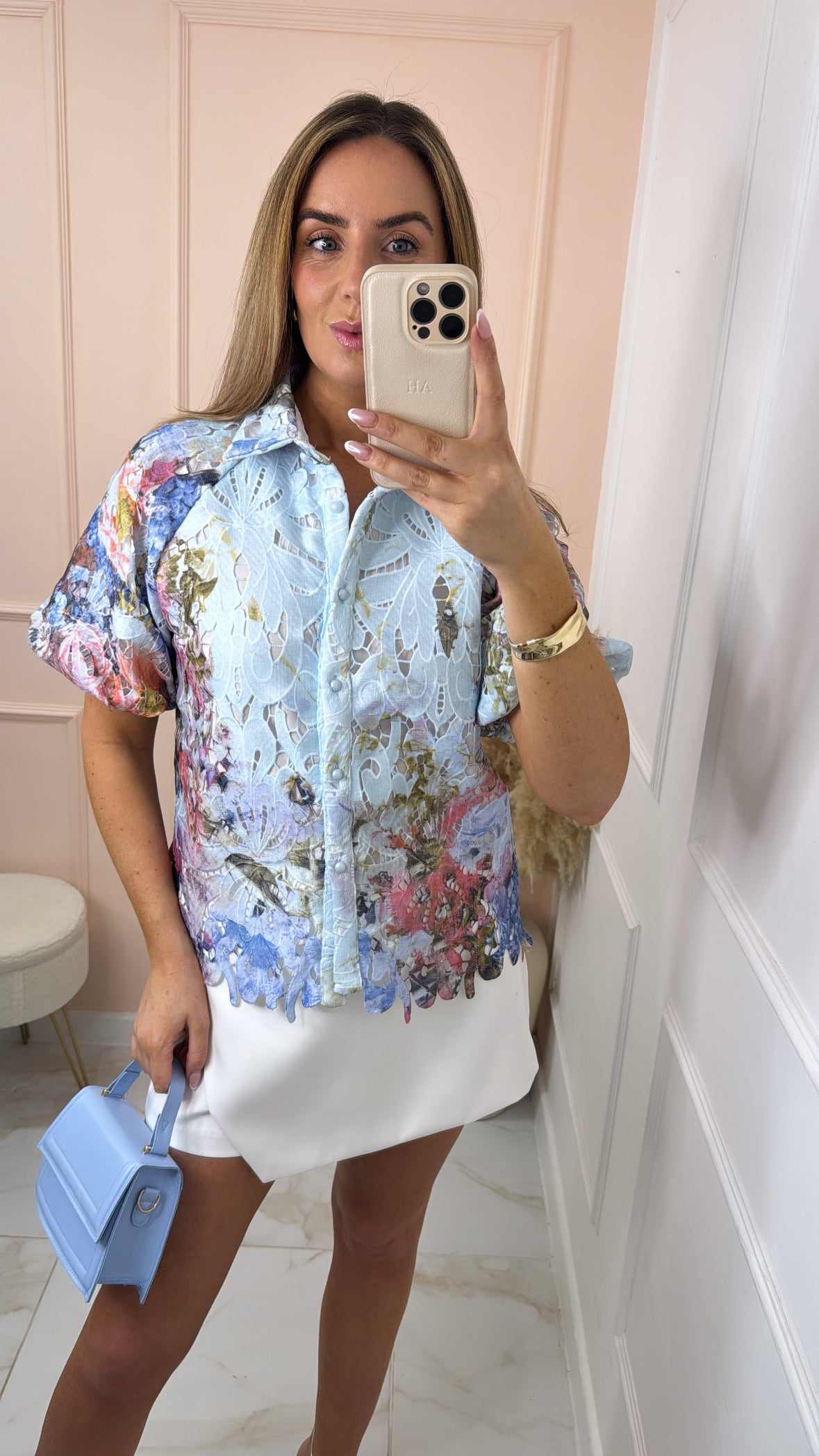 TANYA blue floral crochet detail blouse