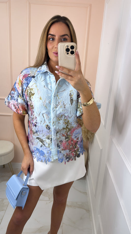 TANYA blue floral crochet detail blouse