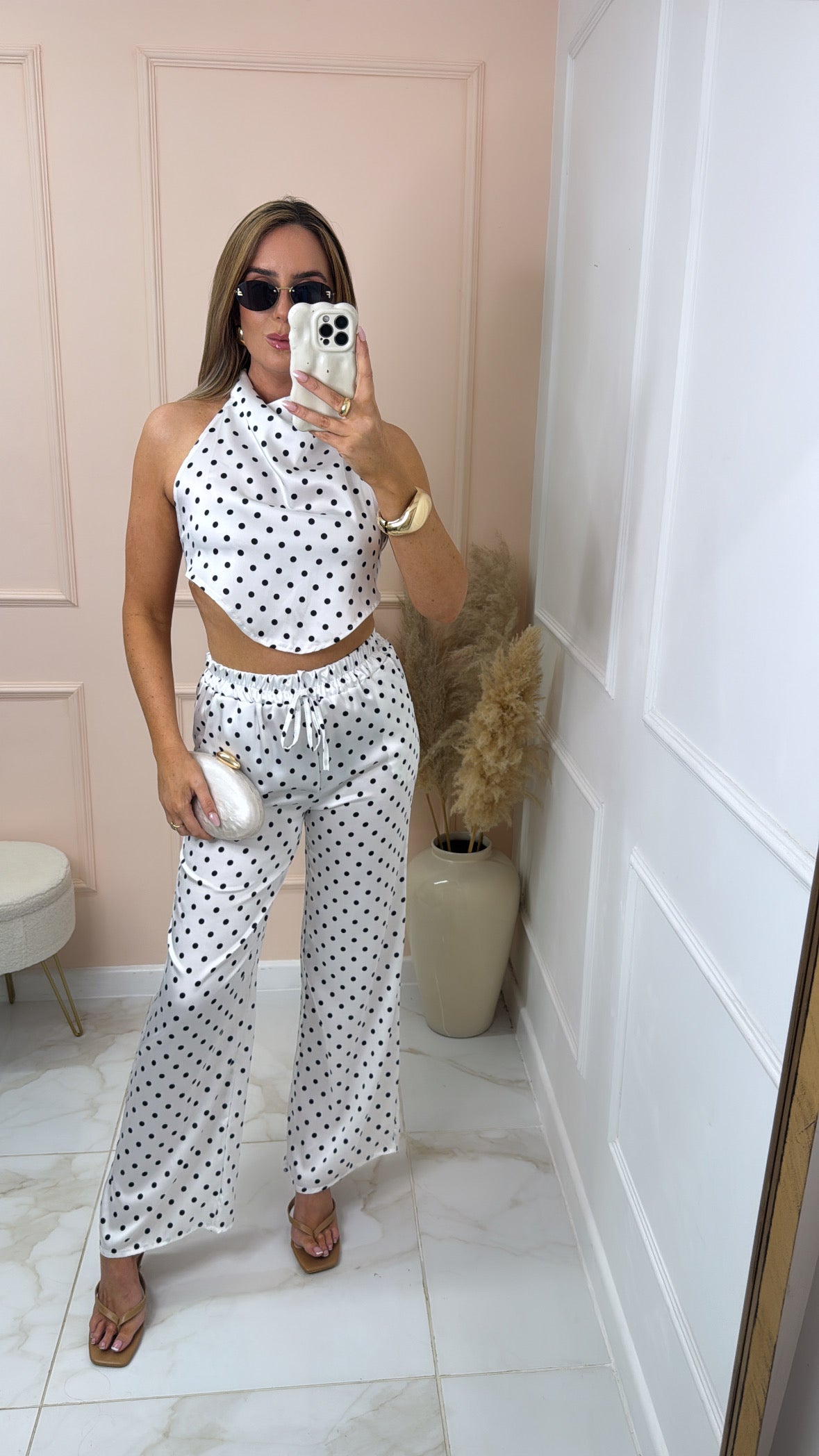 TALIA white polka dot halter neck trouser set