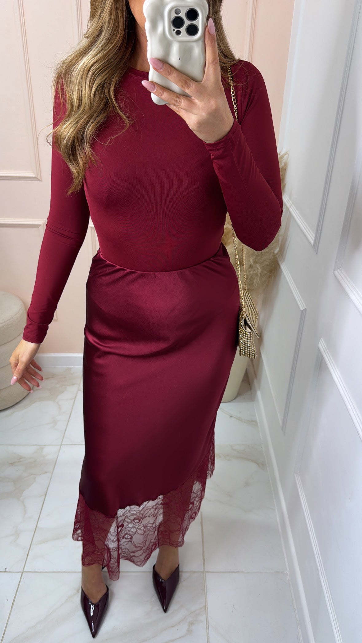 SHARNA burgundy satin lace midaxi skirt