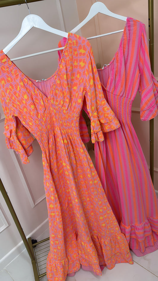 GRACIE orange leopard frill sleeve maxi dress