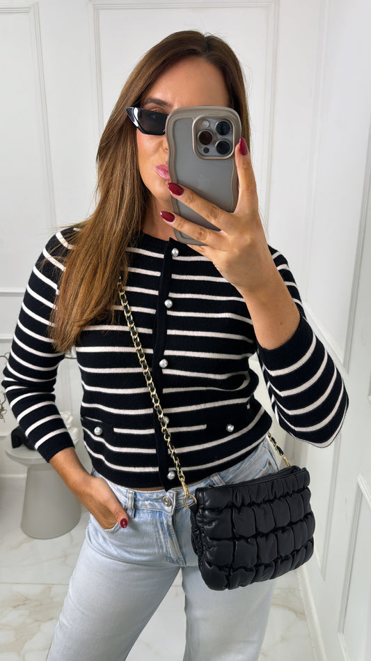 LUCIE black stripe pearl button cardigan