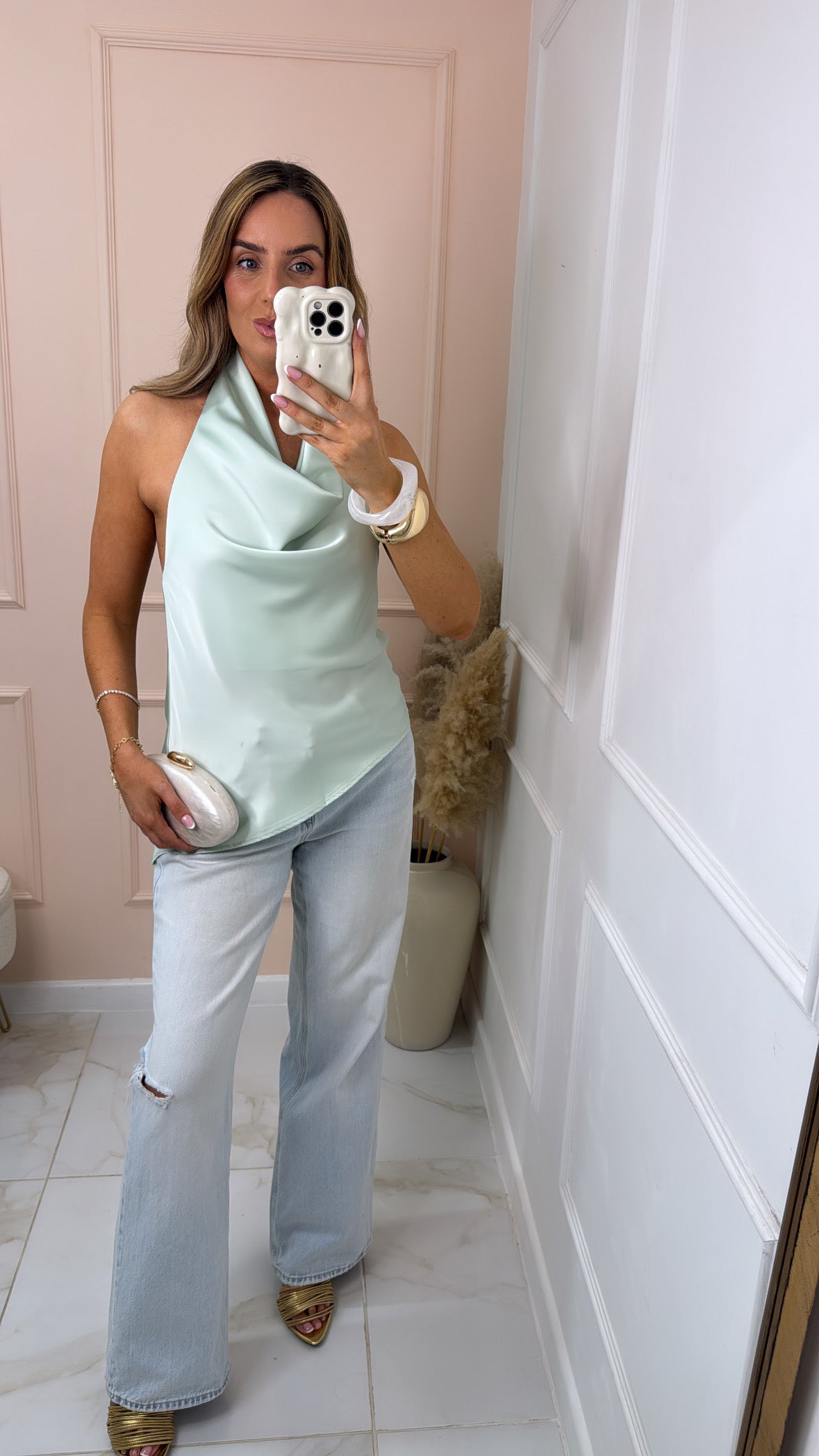 HEATHER mint satin cowl neck top