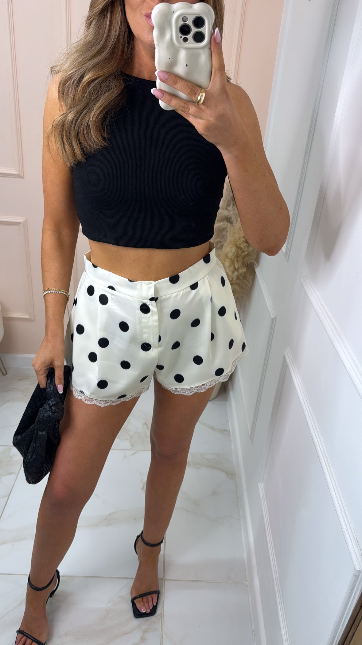 CLAUDIA white polka dot lace trim shorts