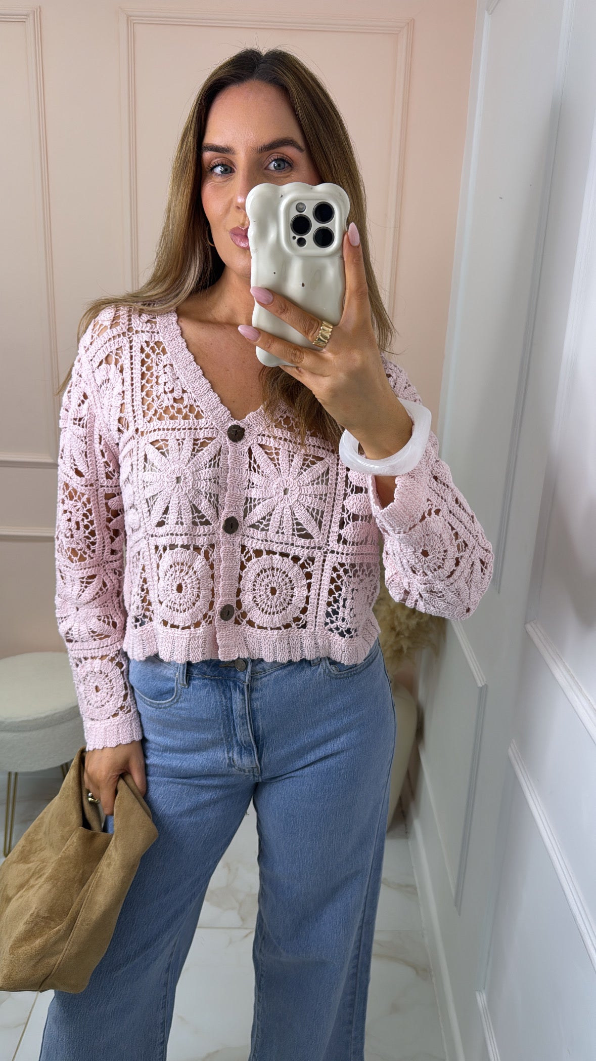 LARA baby pink crochet cardigan