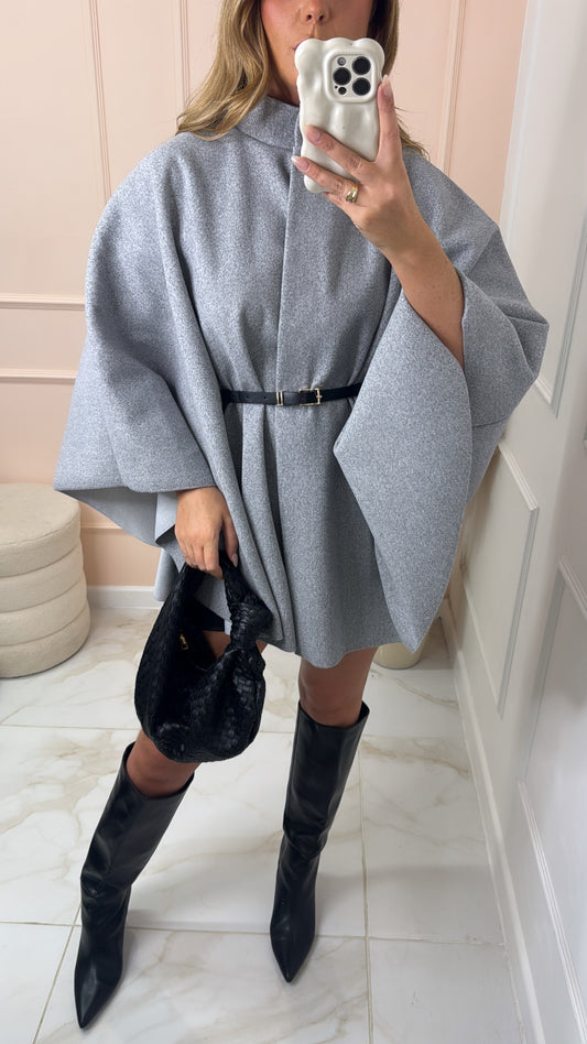KAYLEIGH grey oversized belted cape