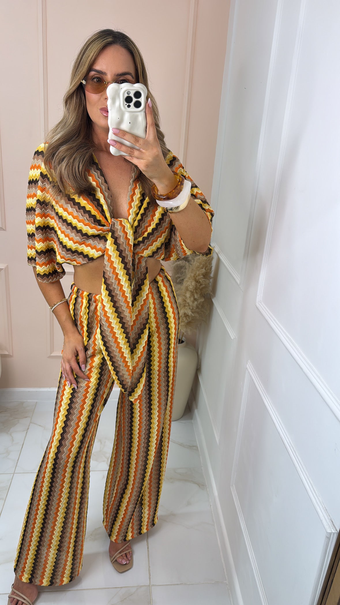 GEORGIA yellow brown crochet tie front trouser set