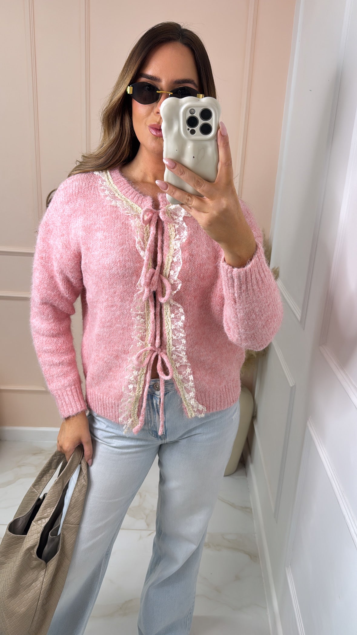 LEELA pink tie front frill cardigan