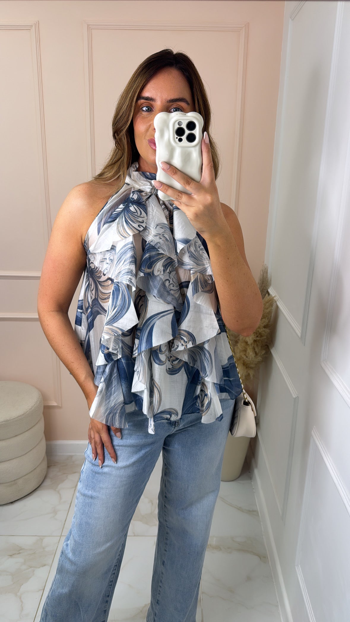 HEIDI blue high neck ruffle top