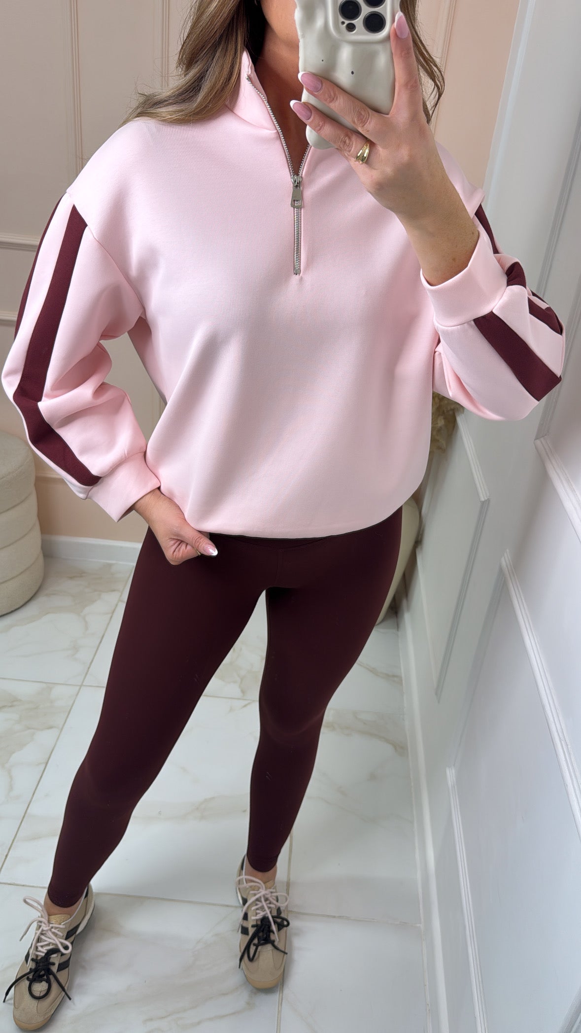 HATTIE pink & burgundy stripe half zip sweatshirt