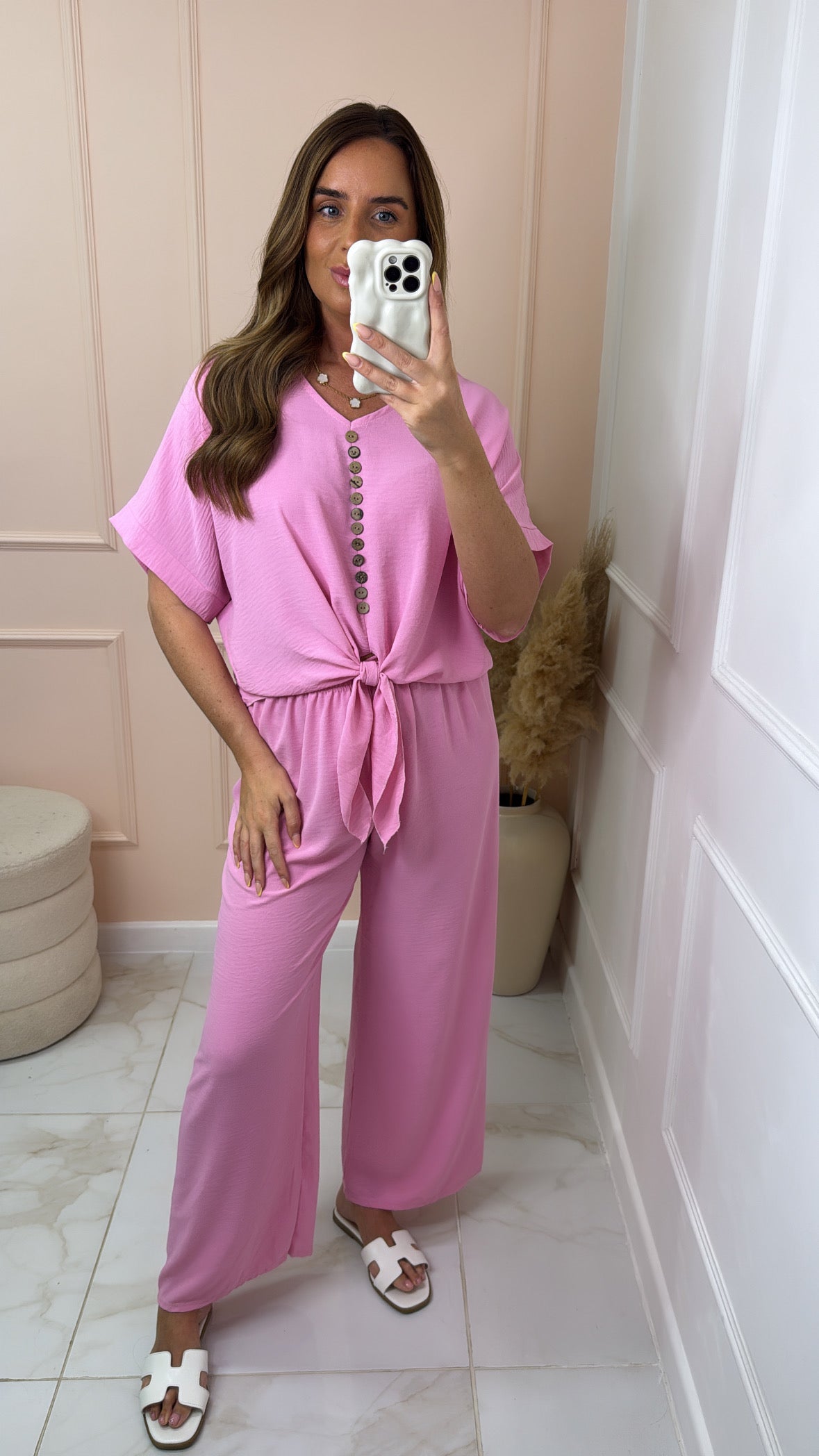 MAE pink button tie front trouser set