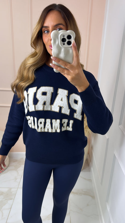 PARIS navy teddy effect embroidered knit sweater