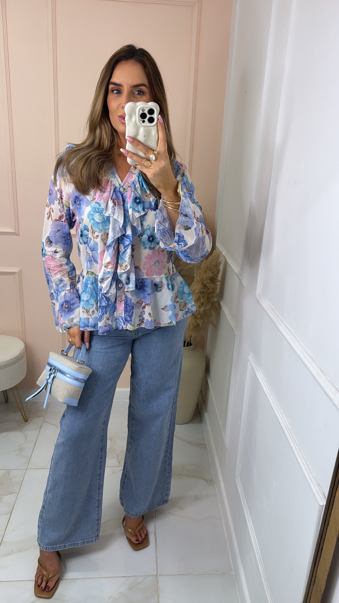LYLA blue floral ruffle blouse
