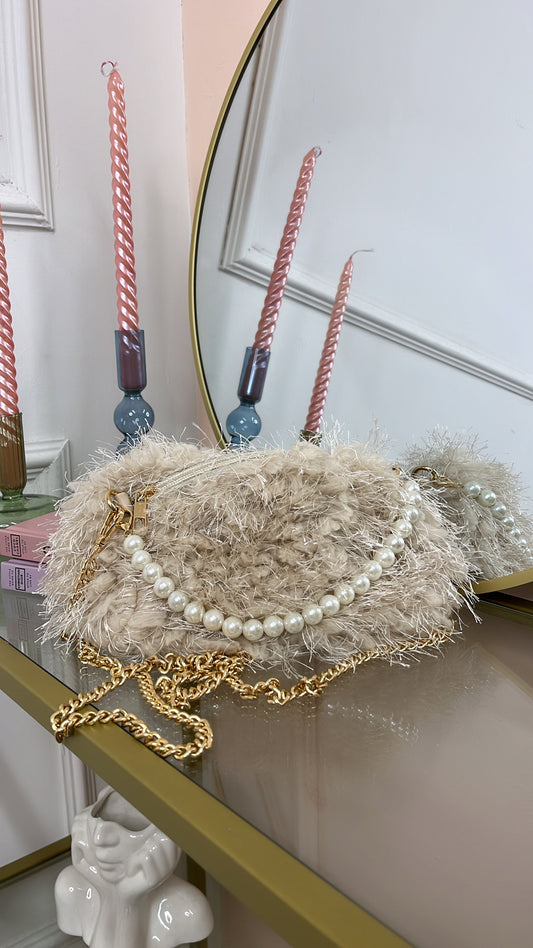 MAISY cream fluffy pearl crossbody bag