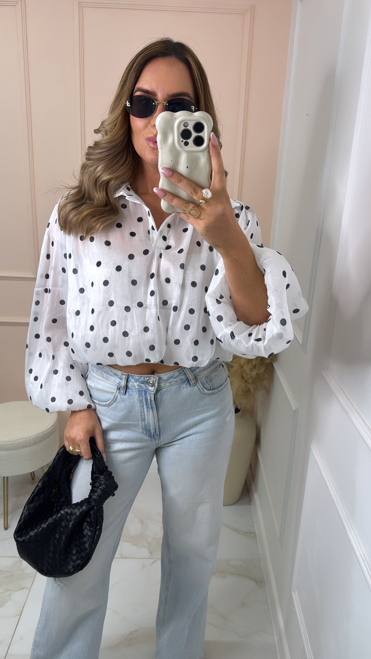 POPPY white polka dot bubble hem blouse