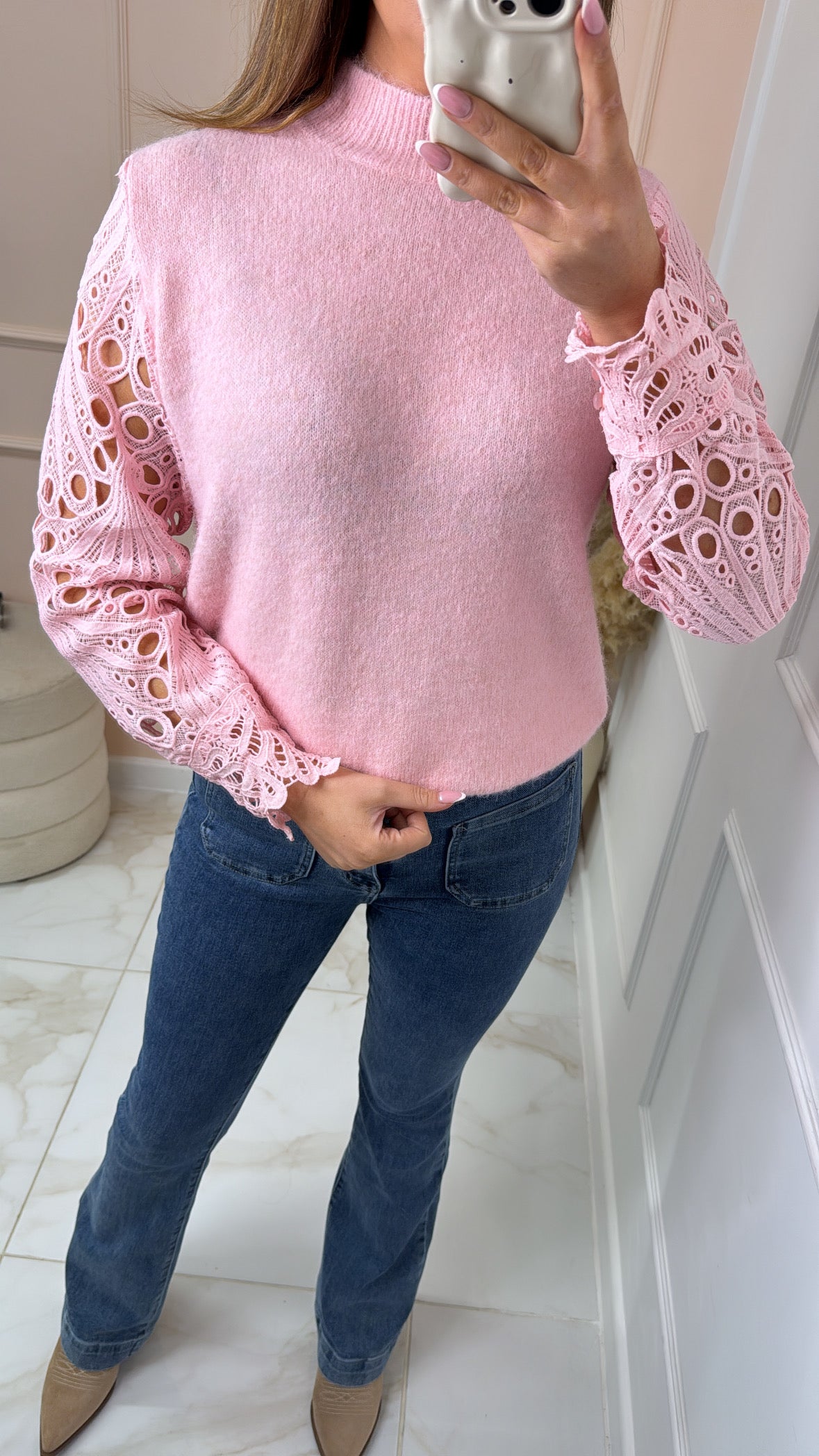 ROBERTA pink crochet sleeve jumper