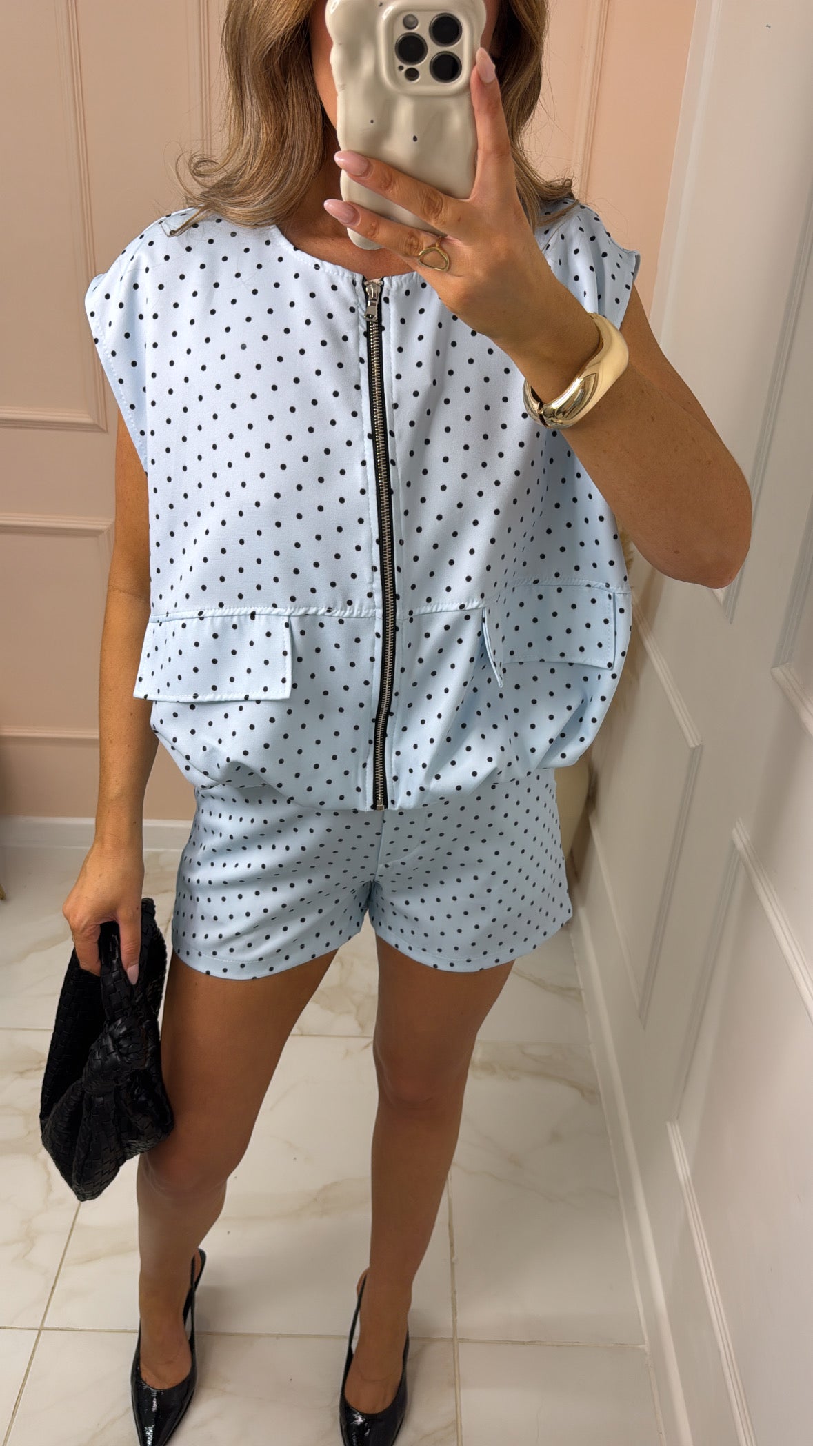 BEKI blue polka dot zip short set