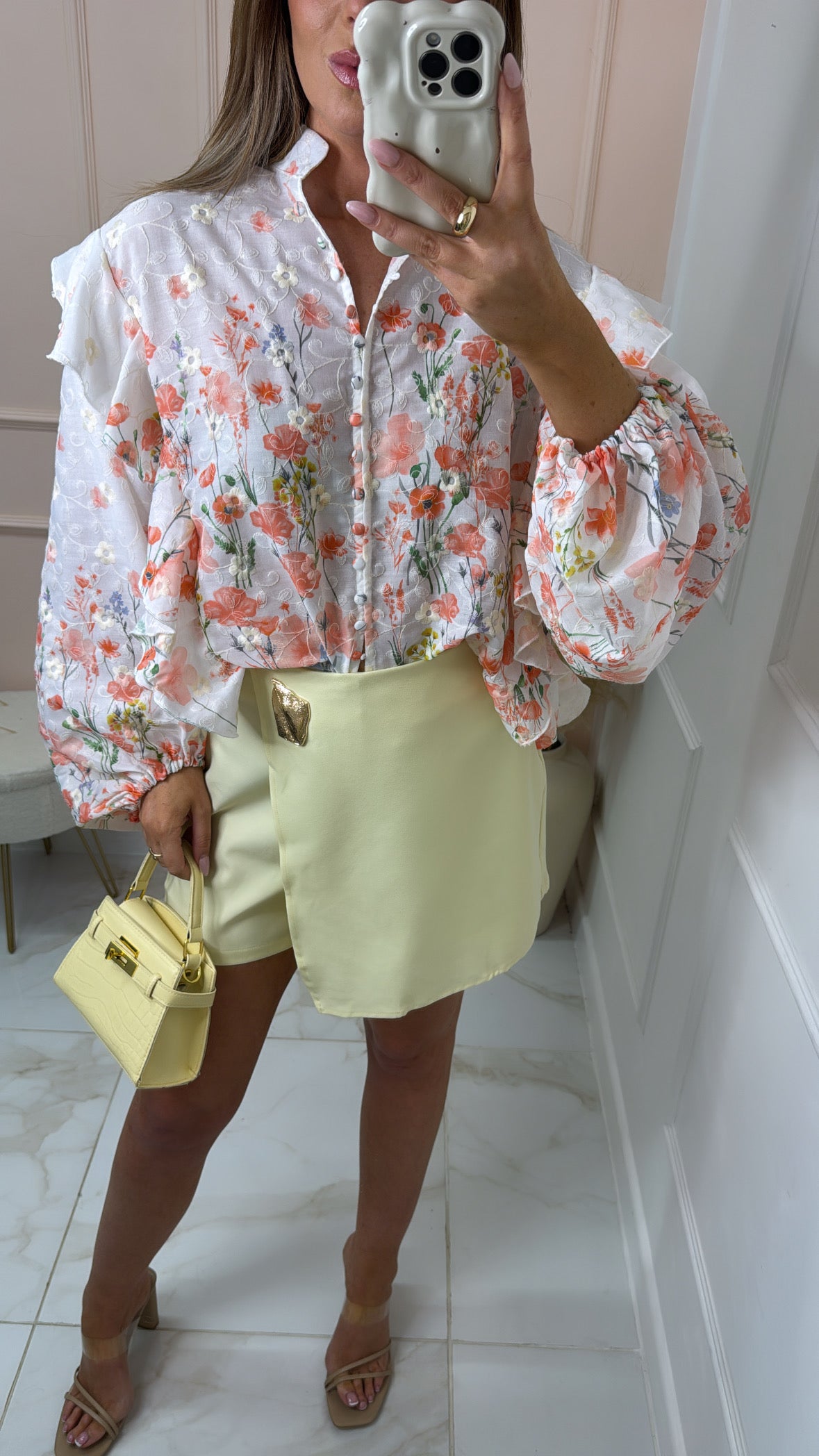 MARNIE peach floral ruffle embroidered blouse