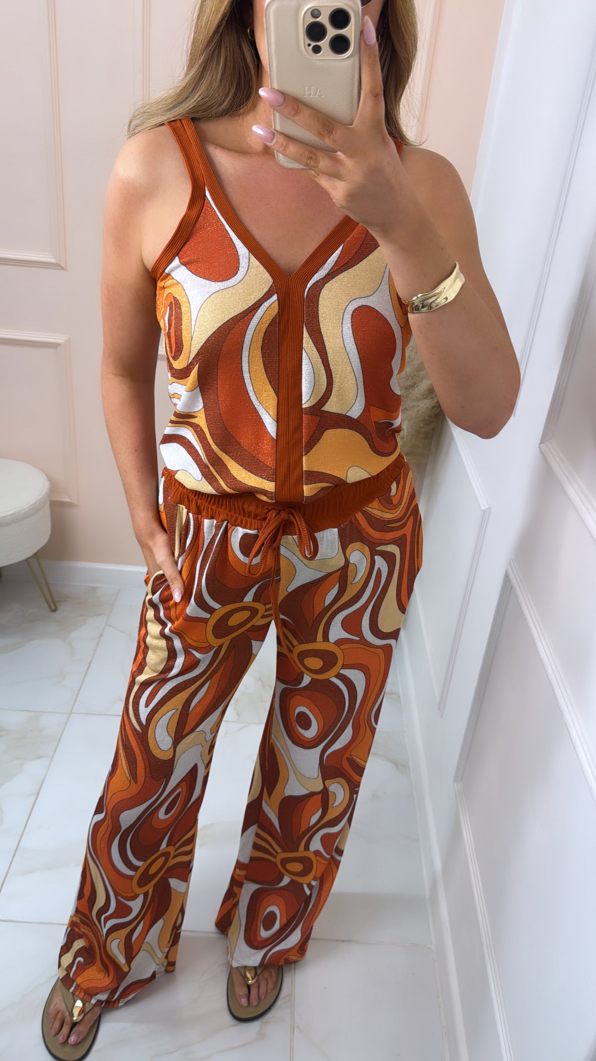 MERCI orange swirl print shimmer trouser set