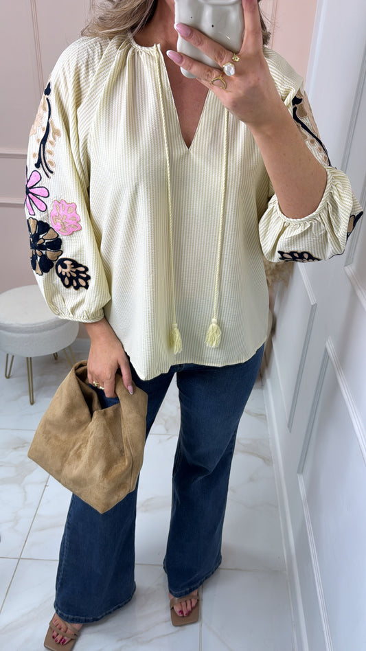 EMMA beige floral embroidered boho blouse