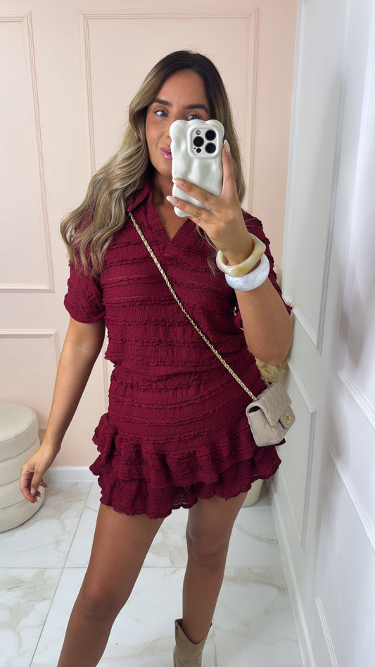 YAZMIN burgundy ruffle skort set