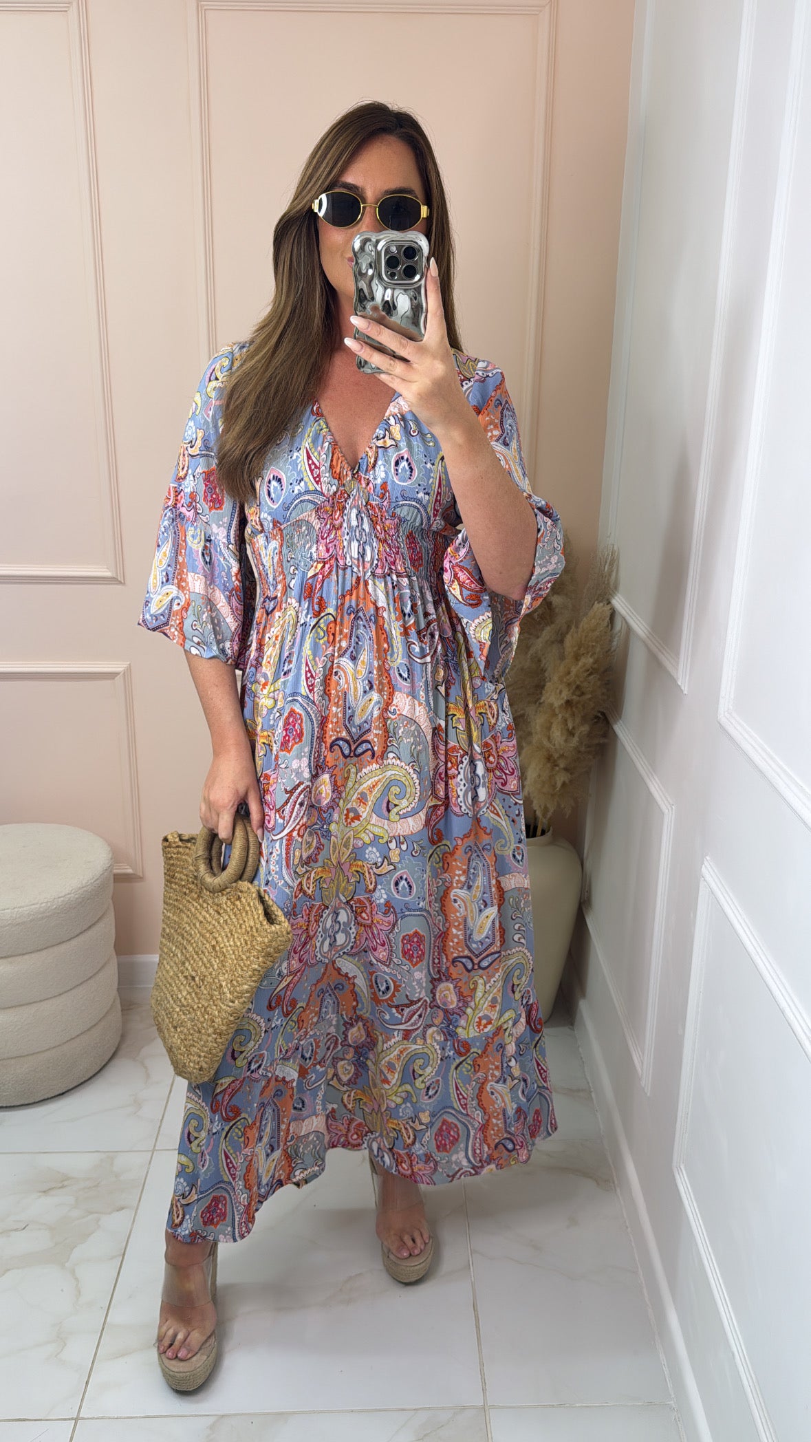 SIERRA pink paisley shirred maxi dress