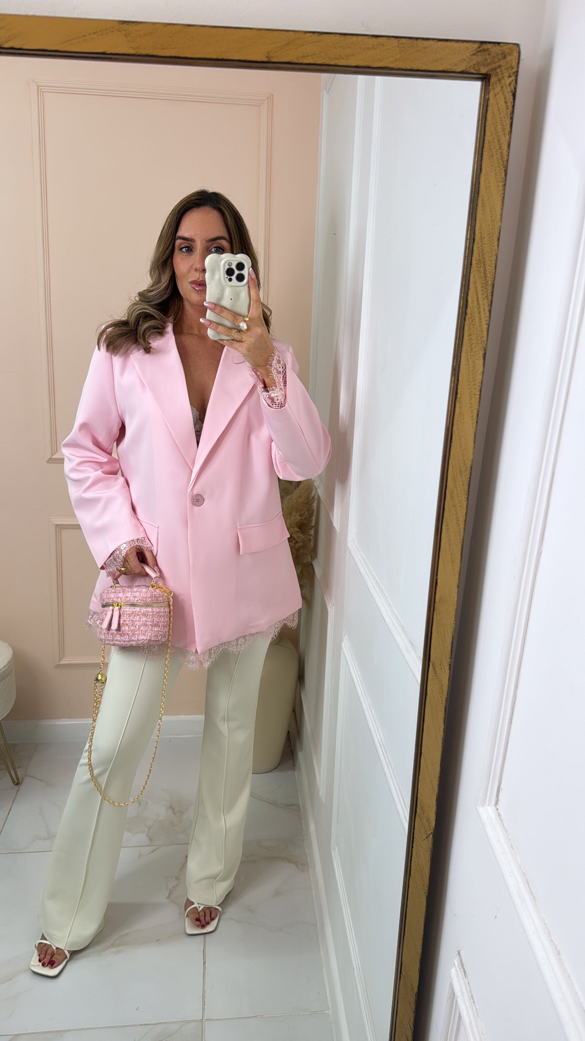 SAMIE pink lace trim blazer