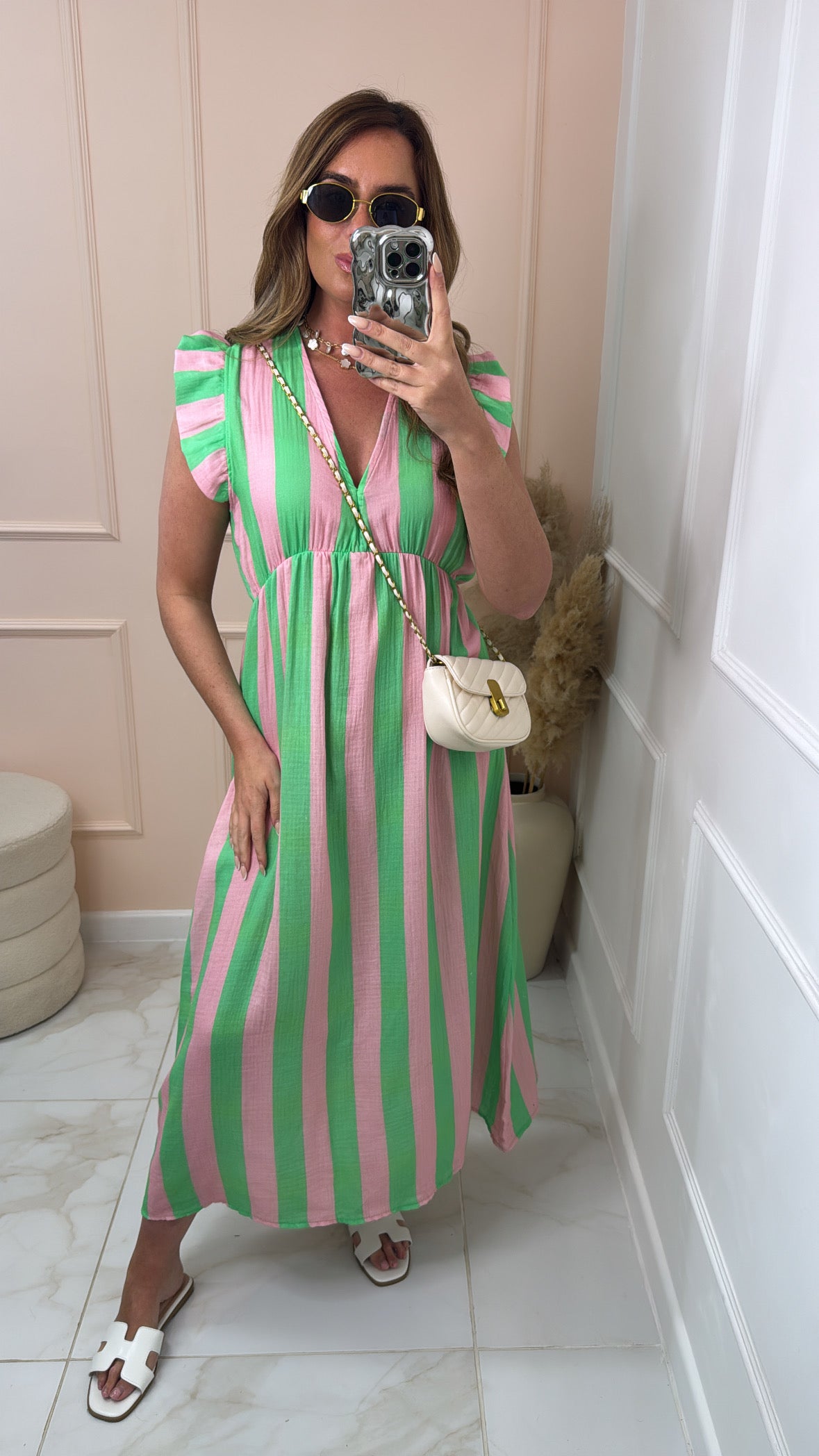 MORGAN lime & pink stripe maxi dress