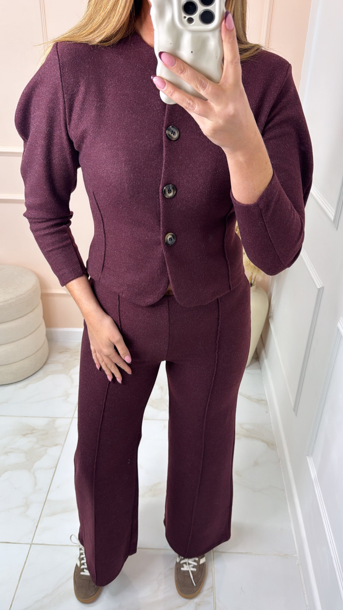 SHARNA petite burgundy button puff sleeve lounge set