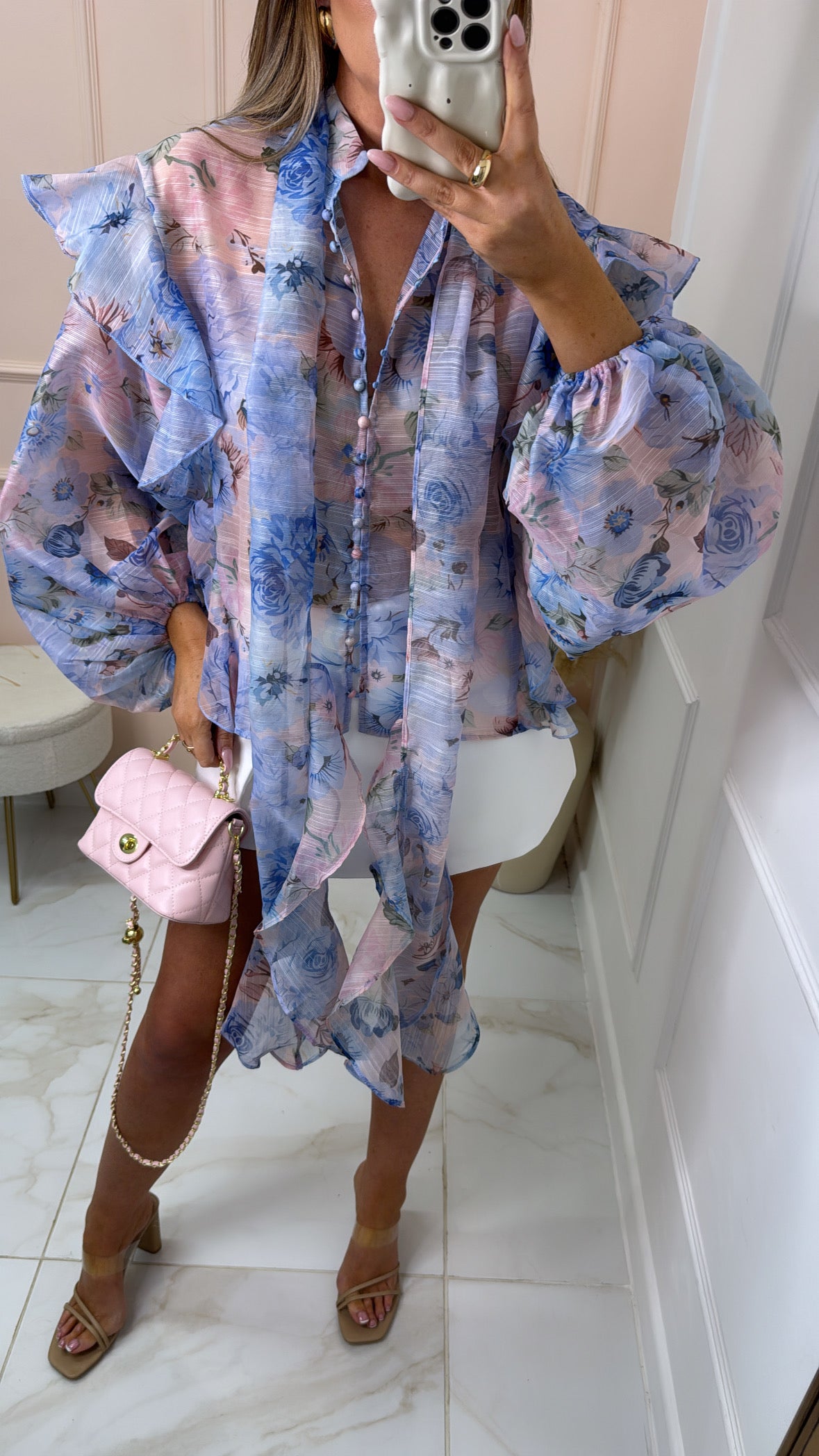 LOTTIE blue pink floral ruffle blouse