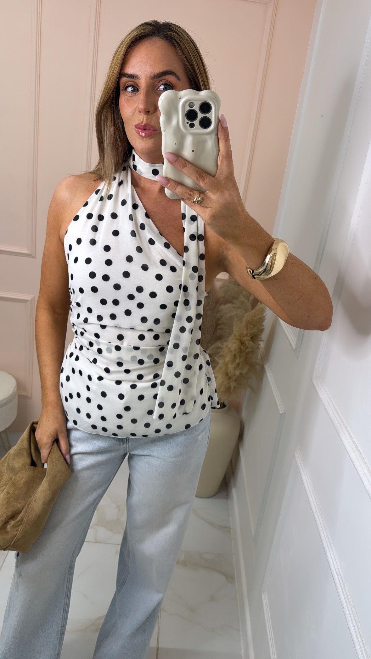 MABEL white black polka dot halter neck top
