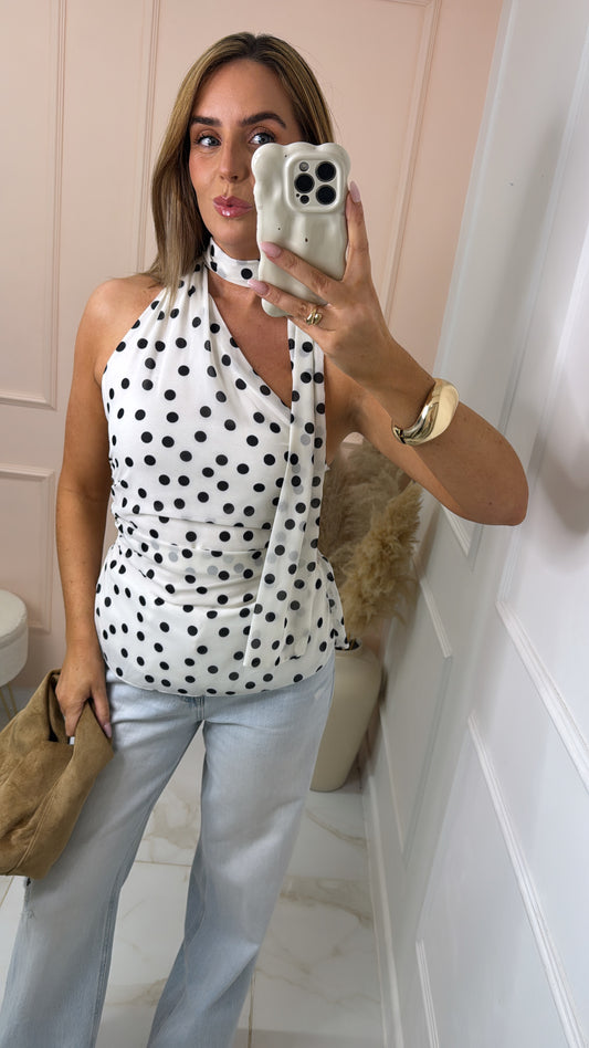 MABEL white black polka dot halter neck top