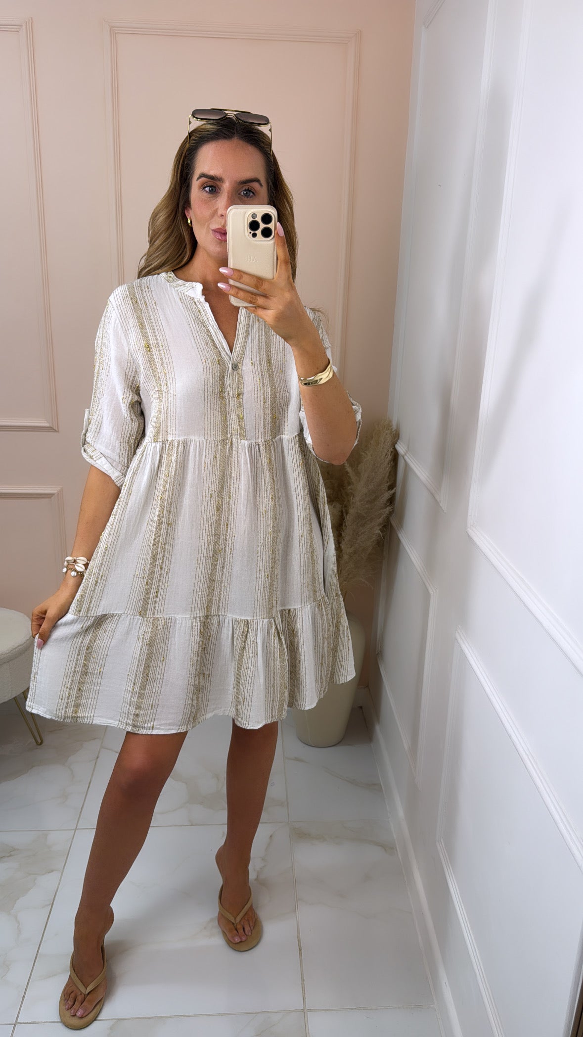 ANNIE white & gold metallic smock dress