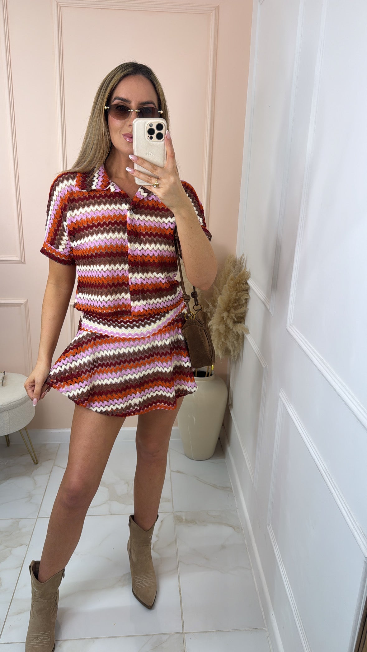 HATTIE red multi zig zag collared skort set