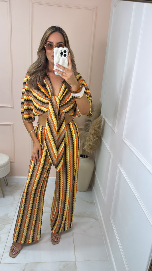 GEORGIA yellow brown crochet tie front trouser set