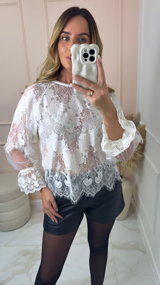 MELODY white lace flared cuff top