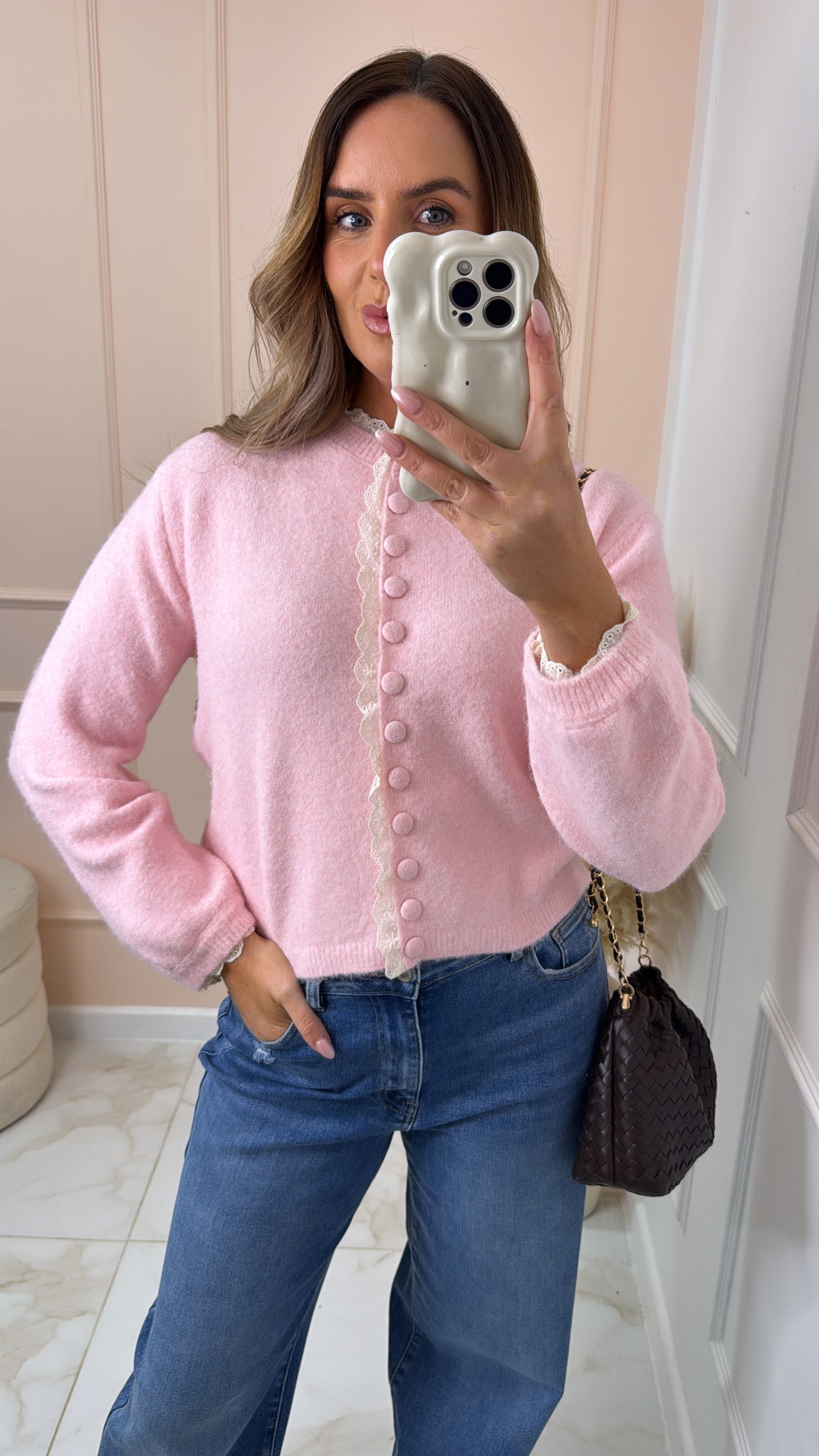 FINLEY pink broderie trim cardigan