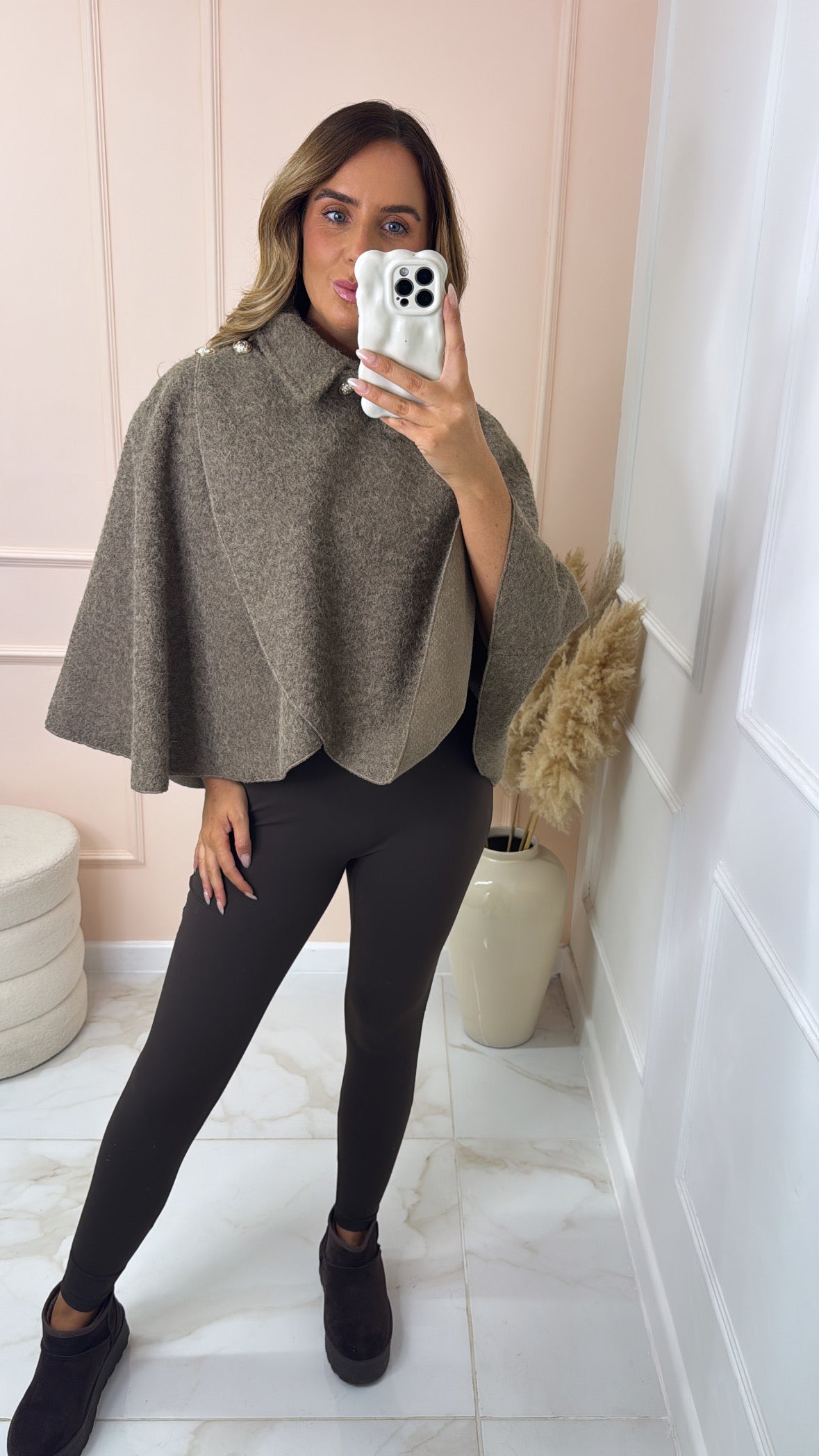 ESME taupe gold button wrap cape