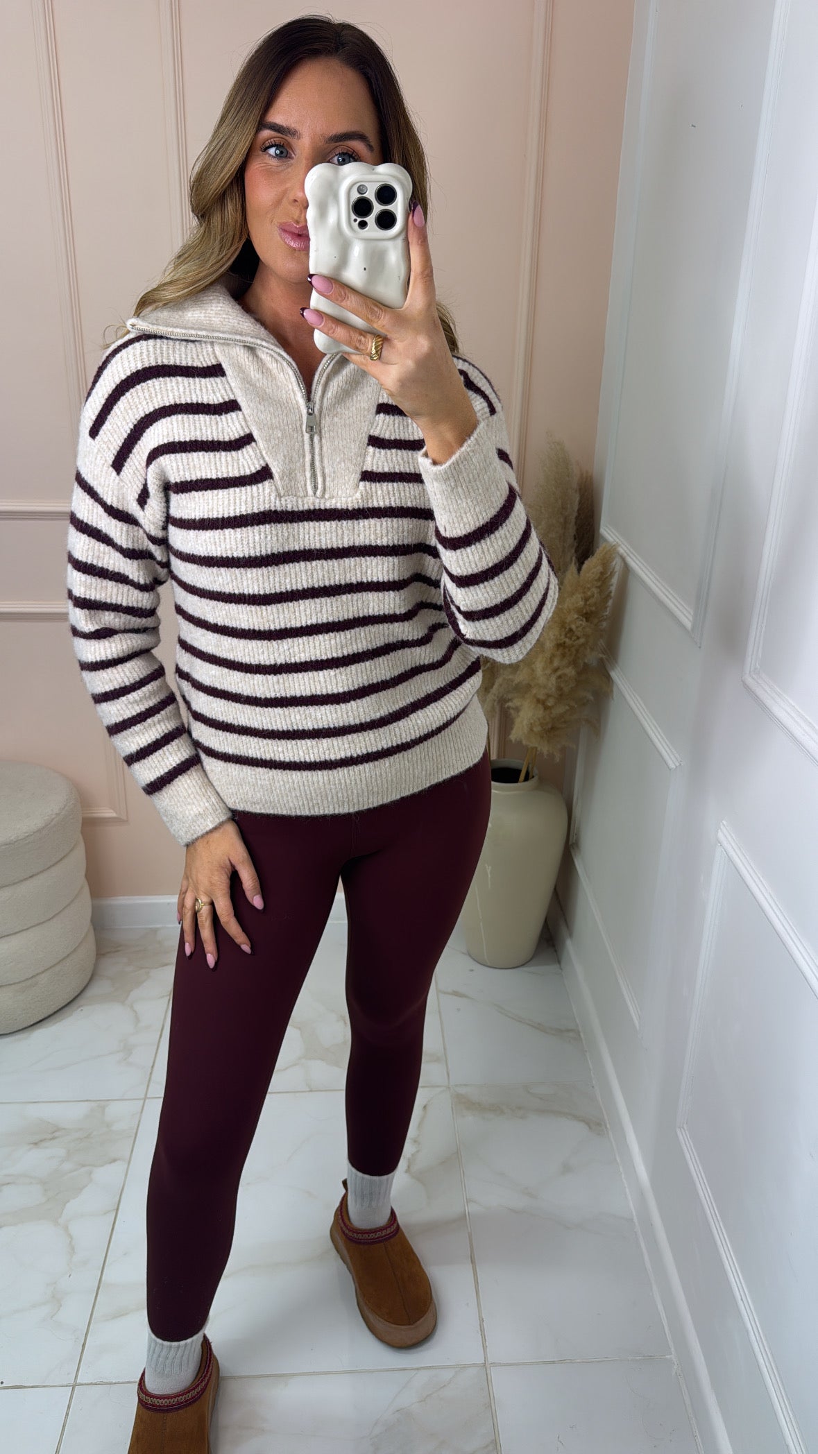 LULU burgundy stripe half zip knit sweater