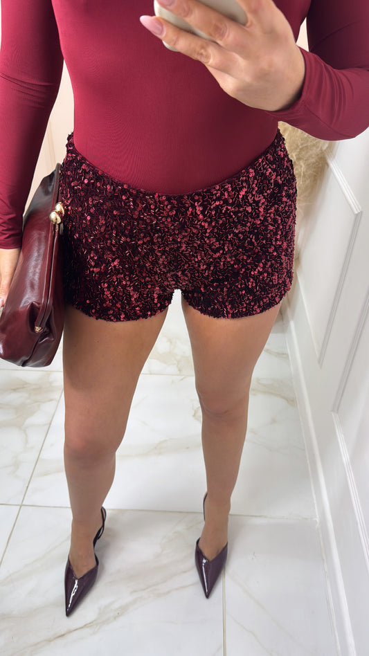 ALLEGRA burgundy sequin mini shorts