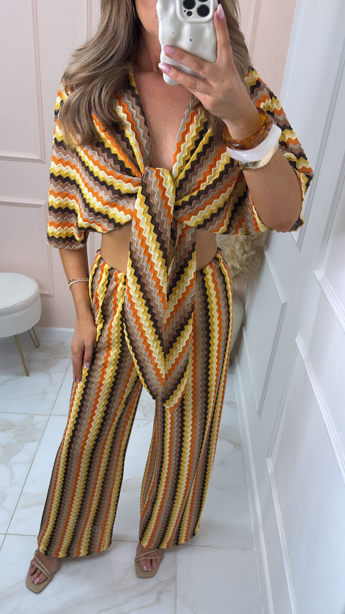 GEORGIA yellow brown crochet tie front trouser set