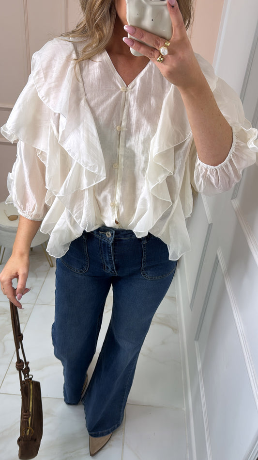 LOLA cream ruffle detail blouse