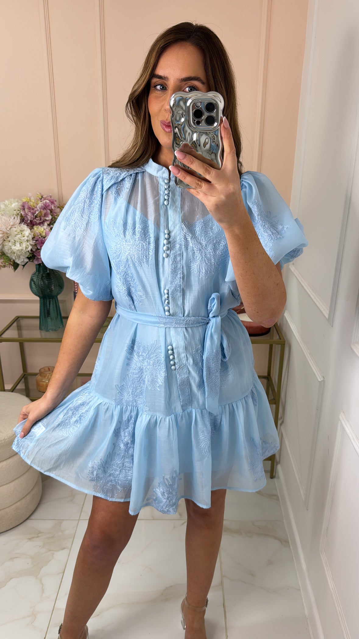 TIFFANY blue puff sleeve embroidered dress