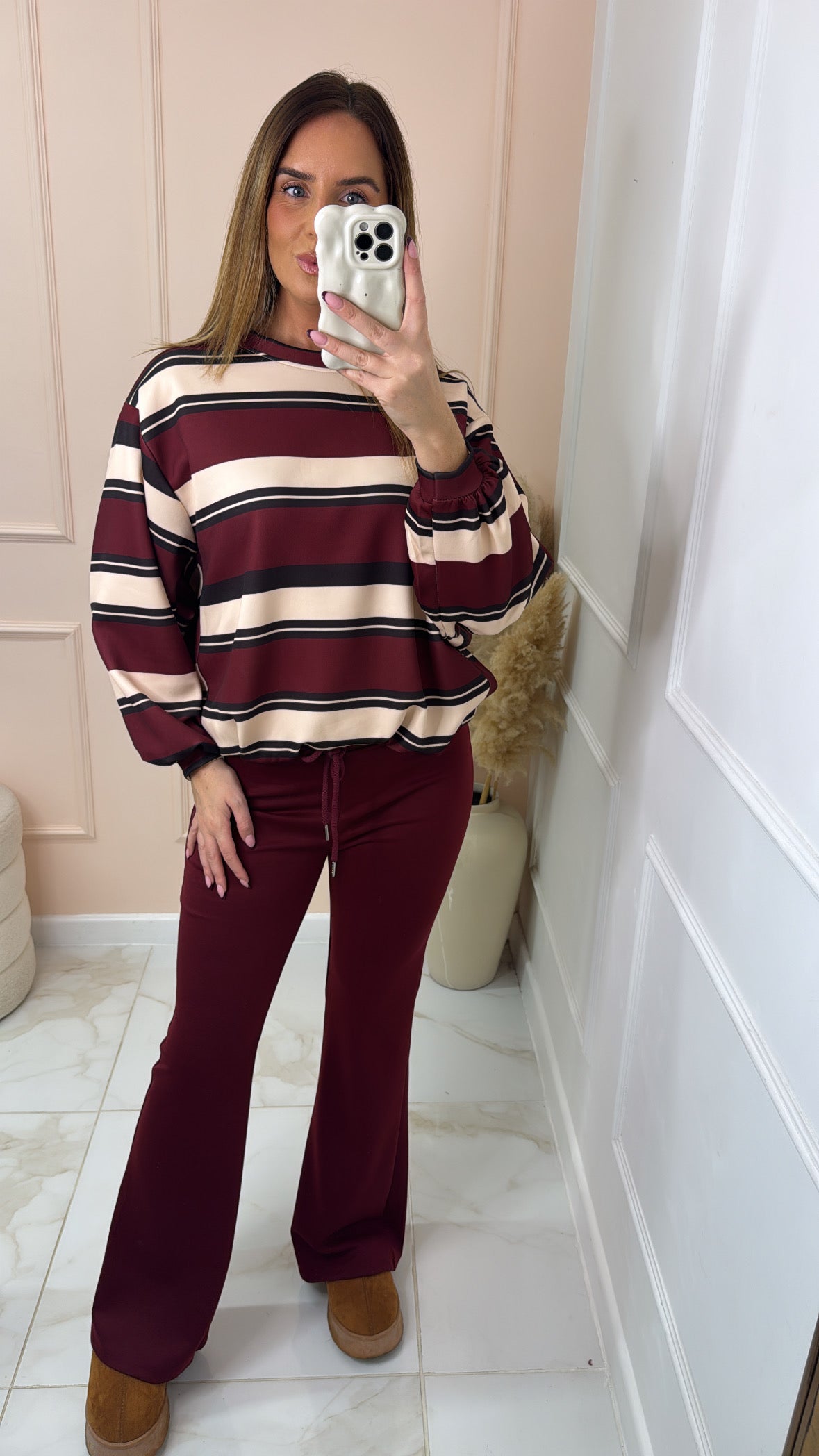 ALEX burgundy striped top lounge set