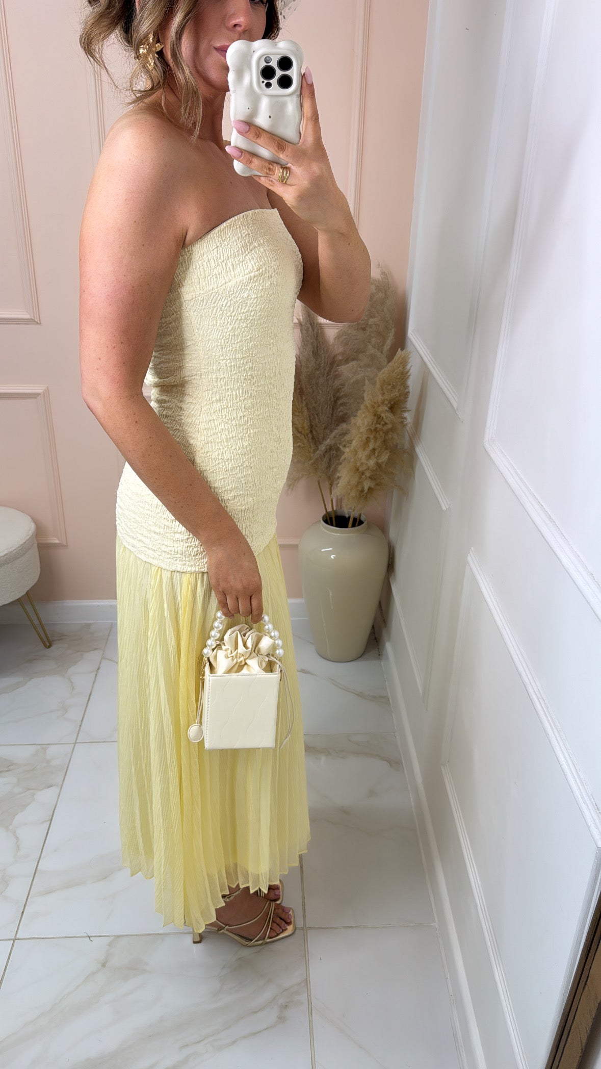 FLORA lemon shirred bandeau maxi dress