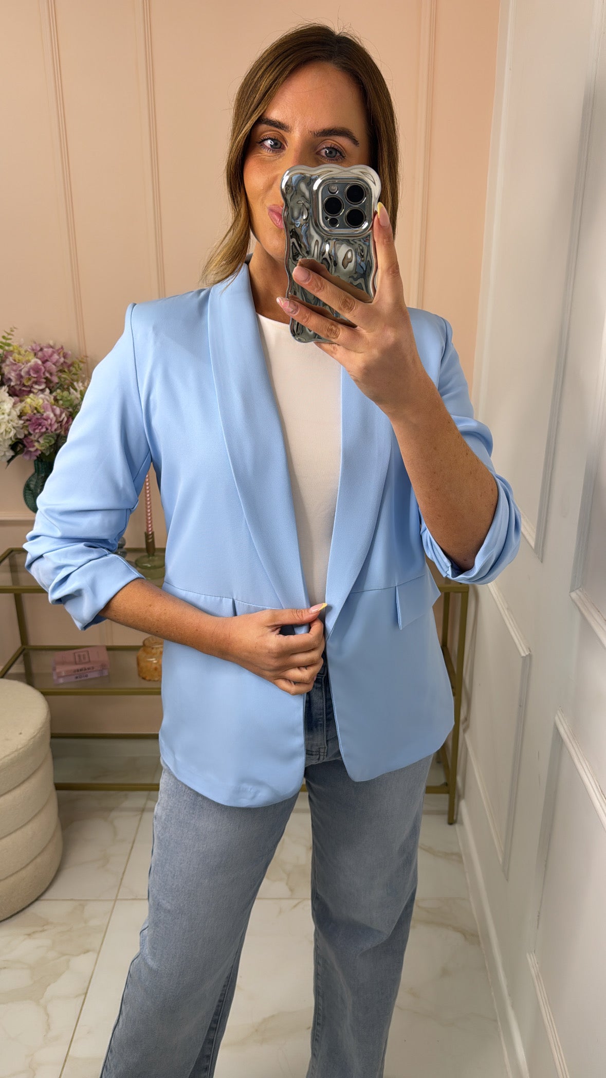 MAISIE powder blue ruched sleeve blazer